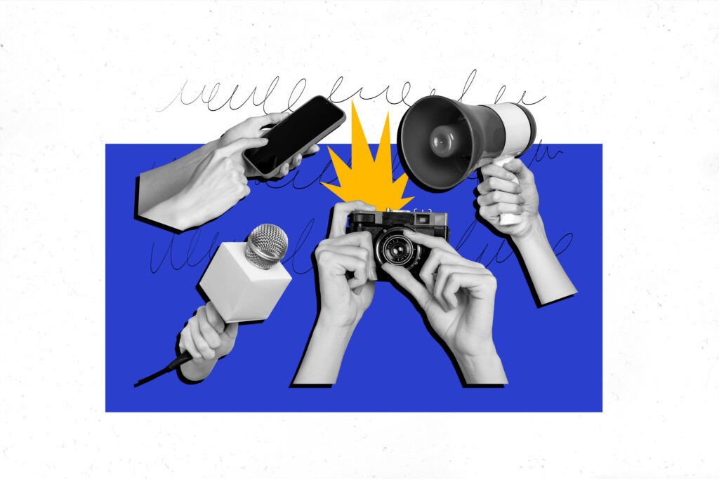 Banner poster collage of human arms holding journalist equipment interviewing celebrity isolated on drawing background.