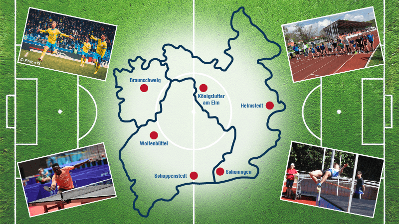 Fußballplatz im Hintergrund, Karte der Region 38 mit 4 Sportfotos