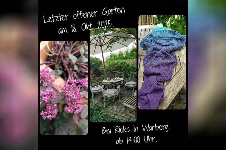 Am 18. Oktober 2025 findet der letzte offene Garten bei der Familie Rick in Warberg statt. Danach stellt die Familie die Veranstaltung ein.